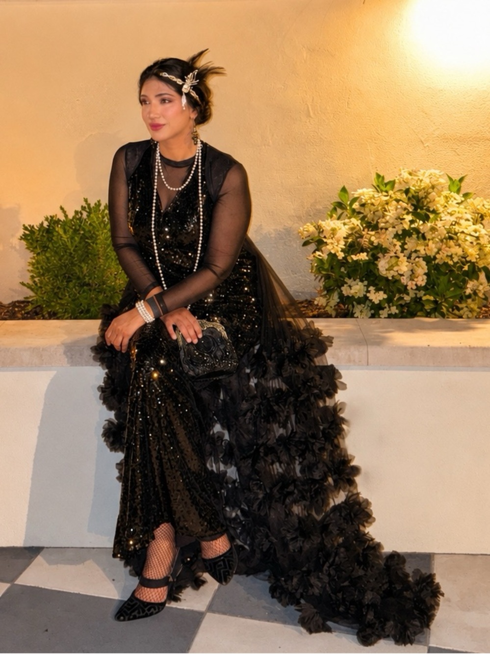 Black Sequin V-Neck Maxi Gown with Train great gatsby new years holiday large